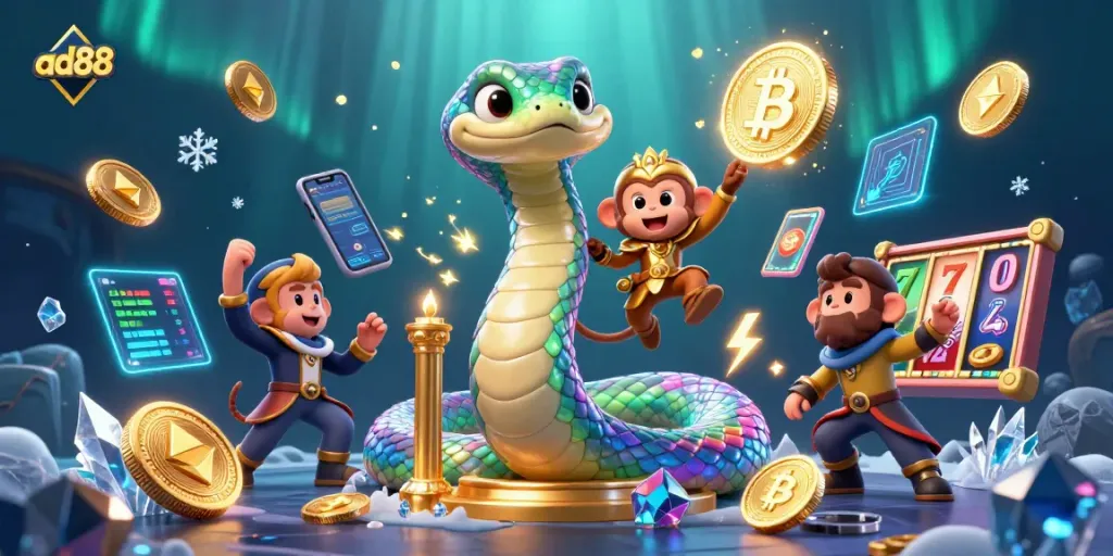 Engage with ad88 in this vibrant casino scene featuring a colorful serpent and golden monkey.