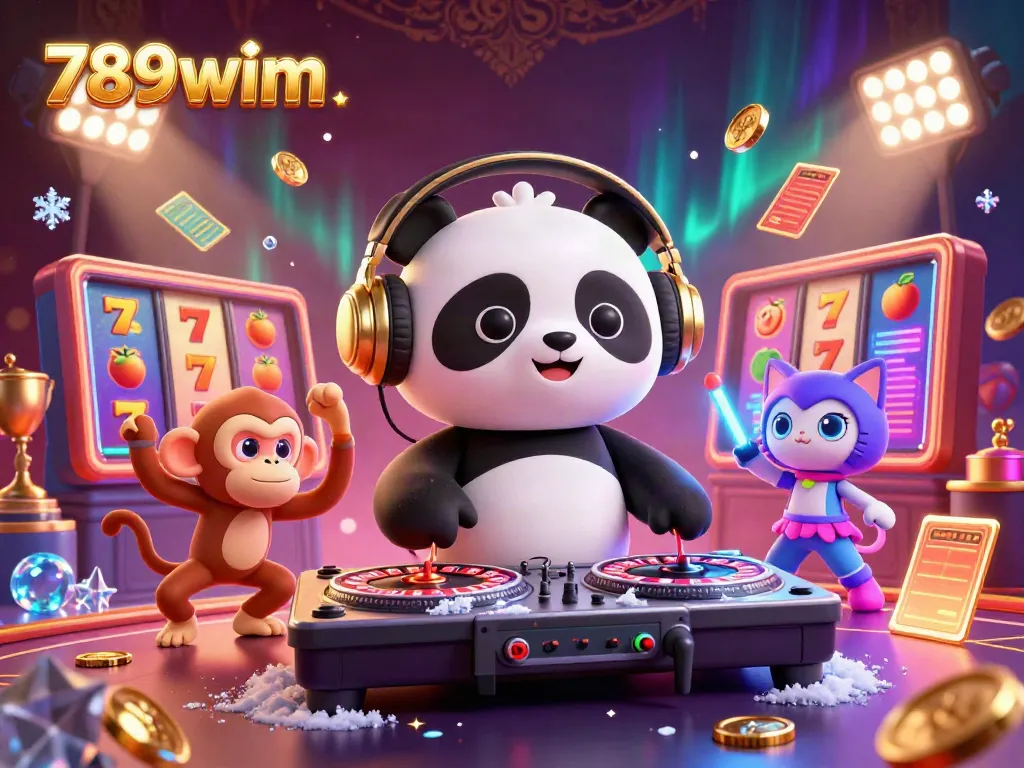 Experience the vibrant energy of 789wim with a DJ panda, breakdancing monkey, and rave kitten in a lively casino scene.
