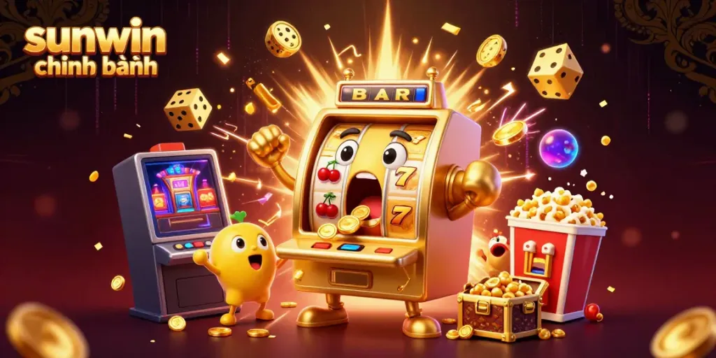 Experience excitement with sunwin chính hãng as the golden slot machine hits a jackpot surrounded by cheering baby machines.
