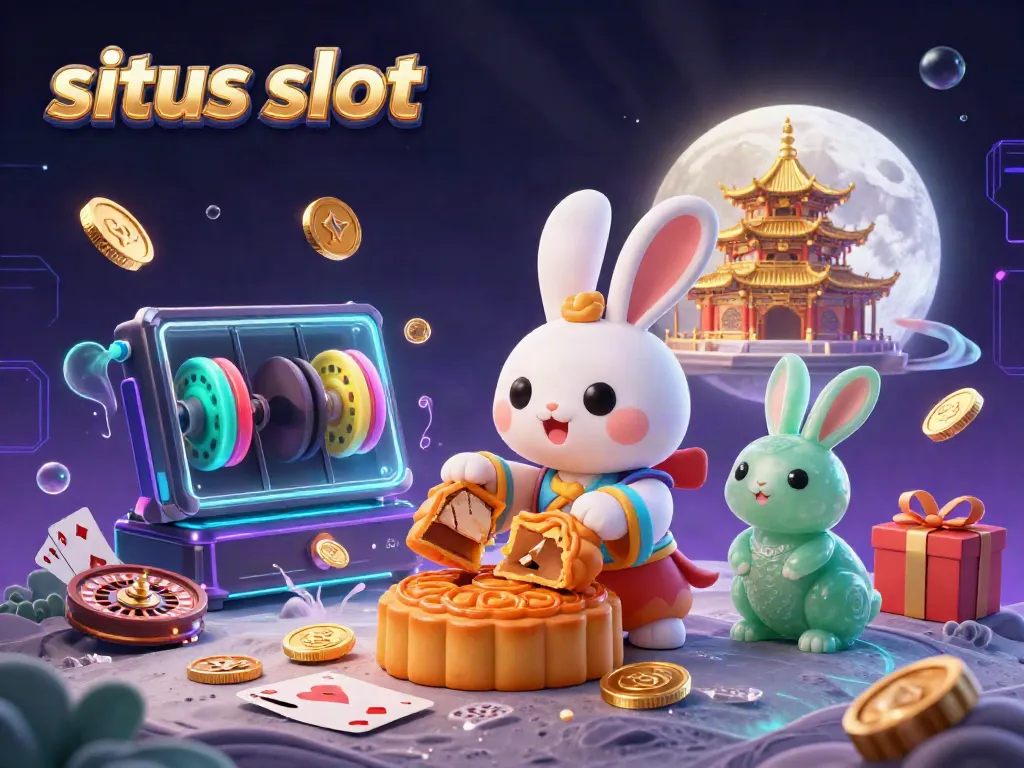 Situs slot scene with a cartoon moon rabbit, golden mooncakes, vibrant slot game elements, and neon effects.