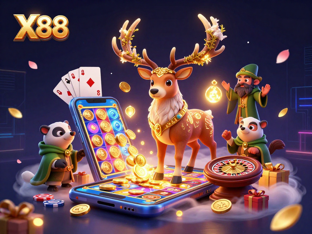 X88 offers thrilling gameplay with a vibrant 3D scene featuring cartoon characters amidst dynamic casino elements.