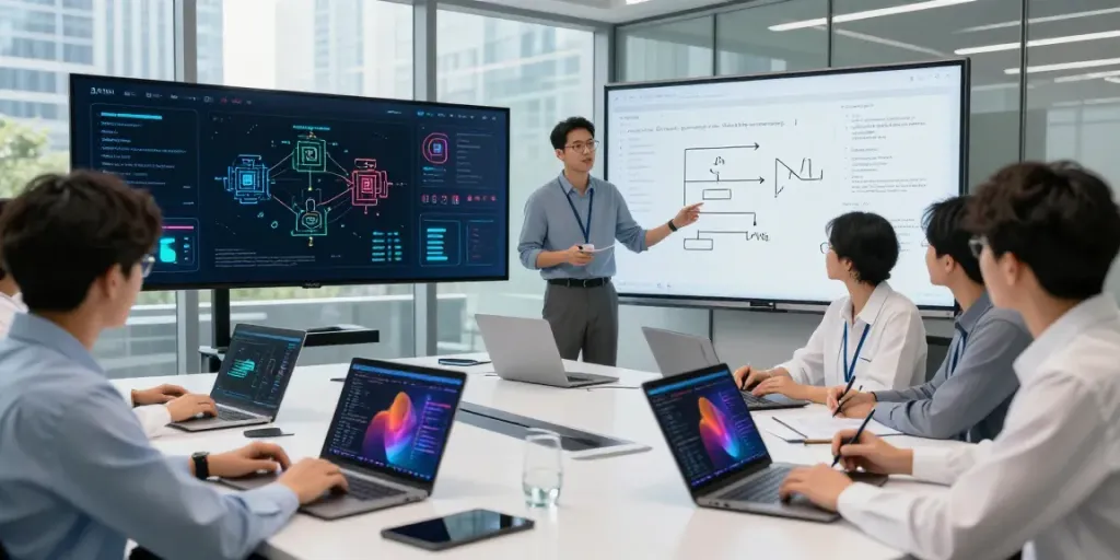 Team collaborating on enterprise AI models, showcasing innovative technology and teamwork.