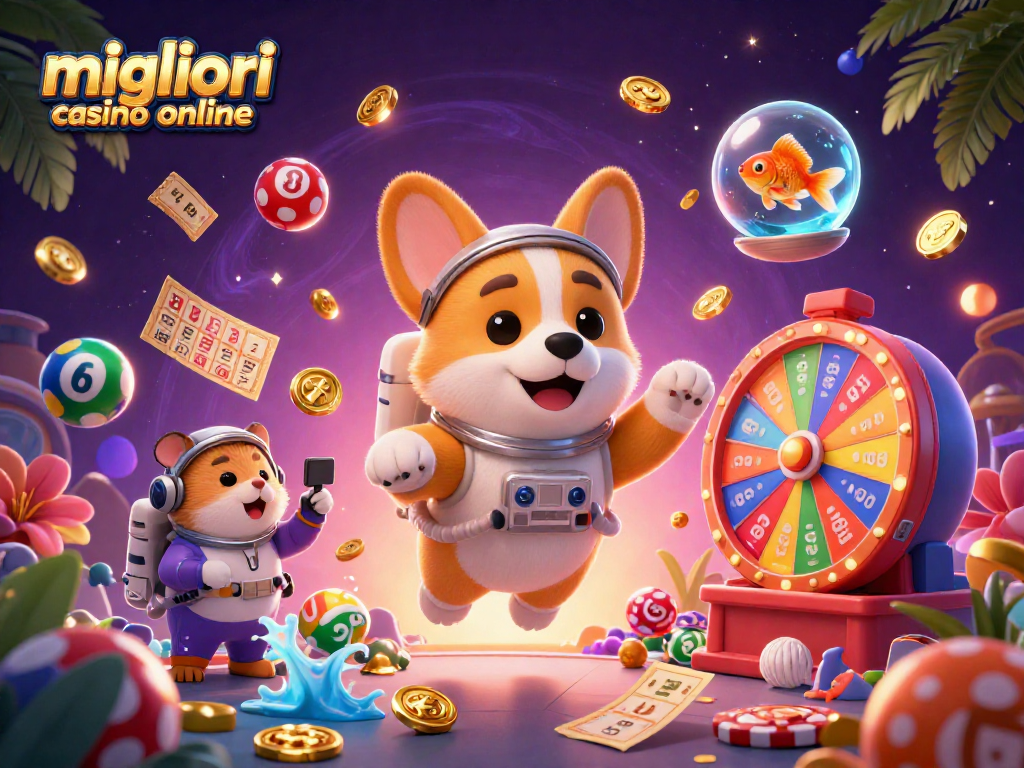 Gioca nei migliori casino online, in un'illustrazione dinamica con un corgi astronauta e elementi vivaci.