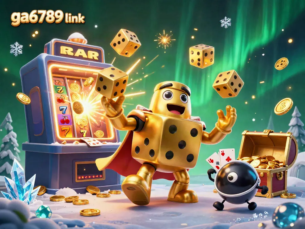 Experience the excitement of ga6789 link as a golden dice golem juggles and surrounded by casino elements.