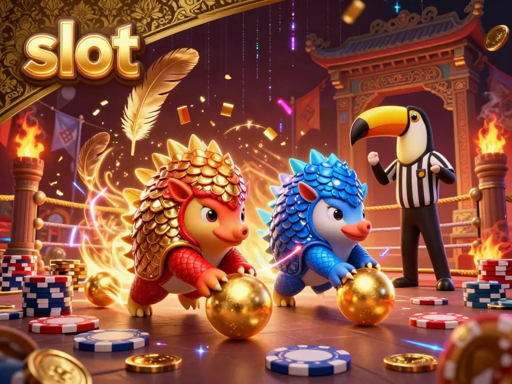 Experience thrilling slot action as rival pangolins roll through poker chips while a toucan referee oversees the fun.