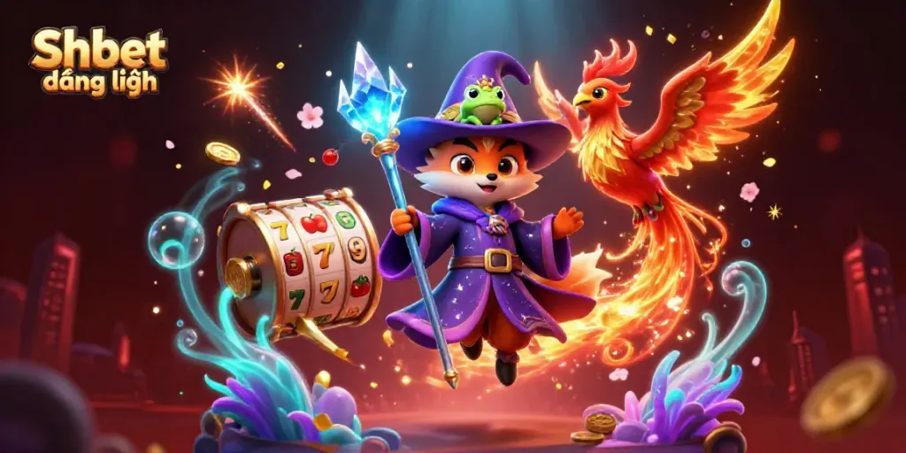 Experience the thrill of Shbet đăng nhập with this vibrant 3D casino scene featuring a wizard fox and phoenix amidst dazzling slot reels and confetti.