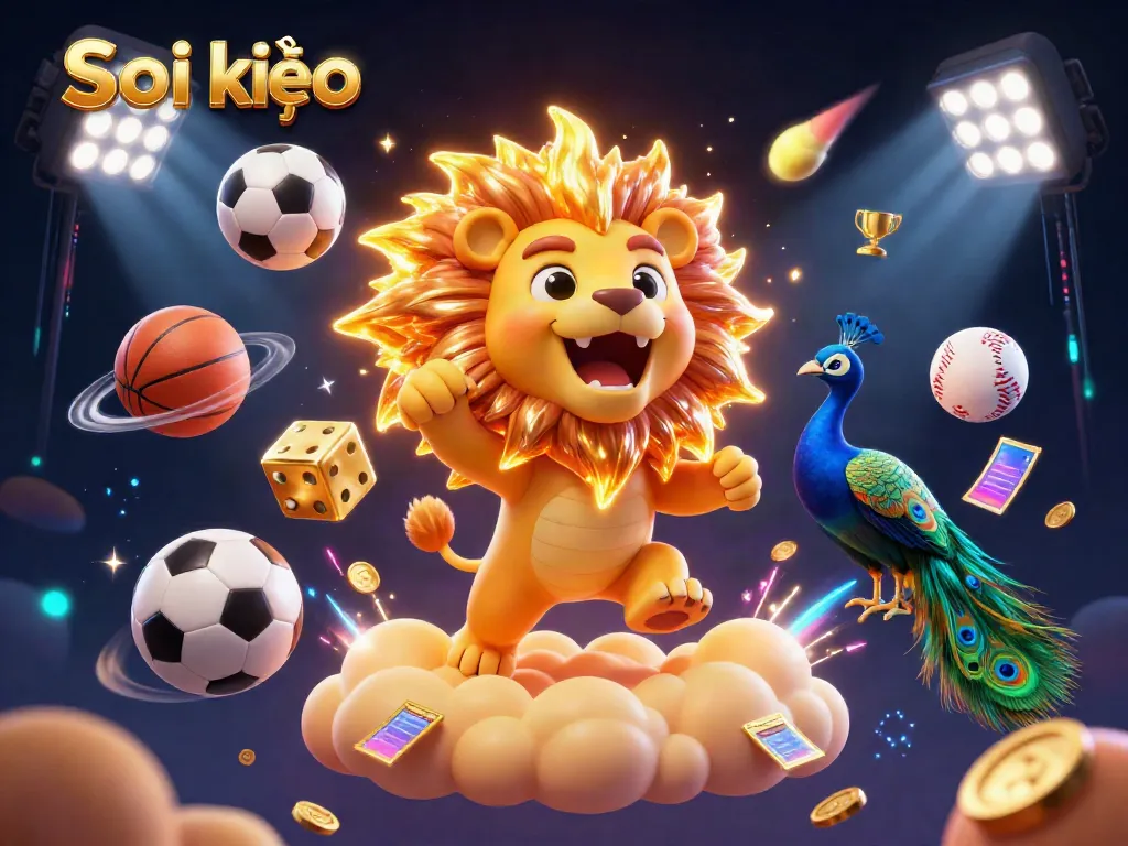 Experience the vibrant Soi kèo nhà cái scene with a roaring lion and dynamic sports elements.