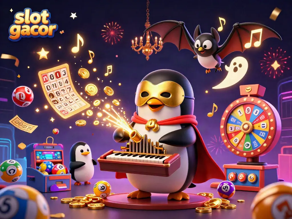 Experience the thrill of slot gacor with a whimsical 3D penguin organist amidst vibrant casino elements.