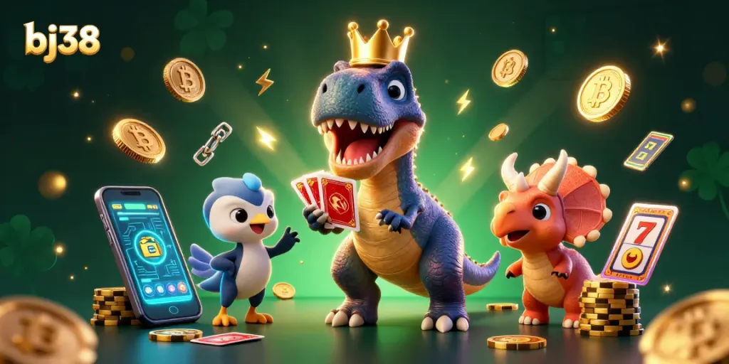 Engage with bj38 casino excitement as a T-Rex shuffles cards while a pterodactyl assists, surrounded by neon crypto elements.