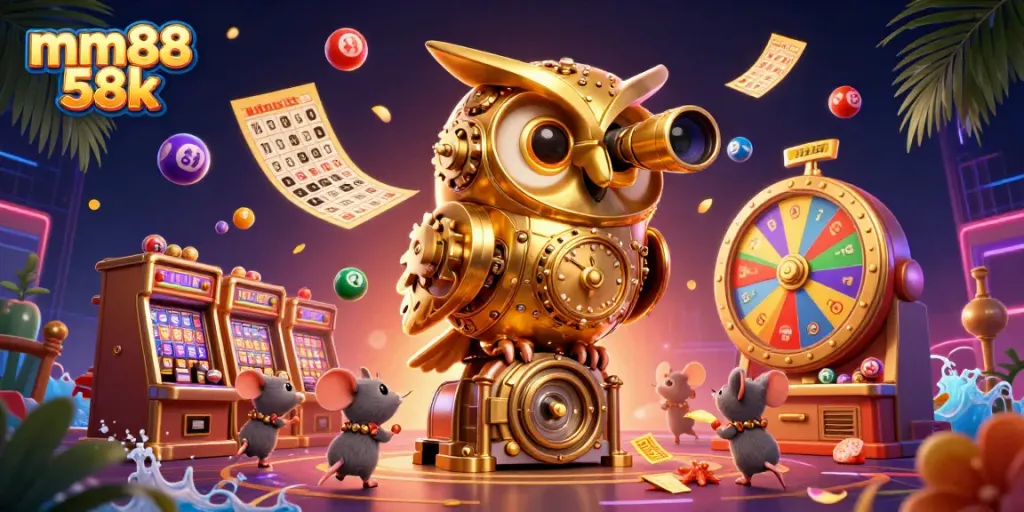 Win big with mm88 58k at the casino featuring a captivating golden owl and thrilling lottery elements.