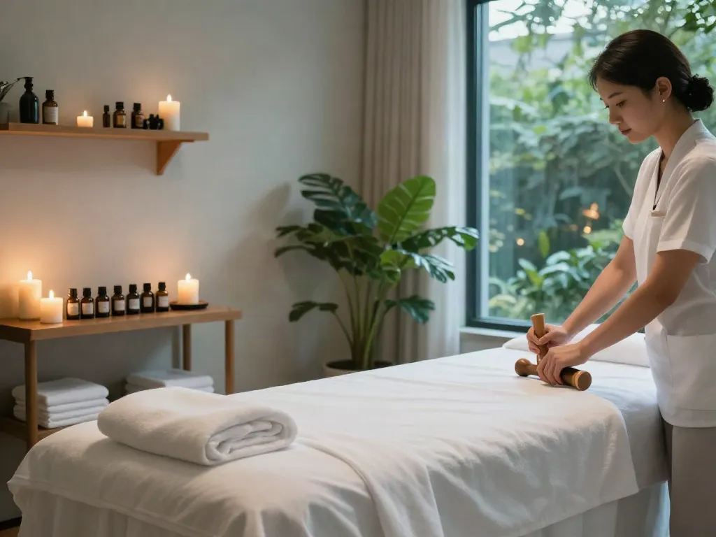 Peaceful 강남출장안마 massage therapy room with calming atmosphere and essential oils.
