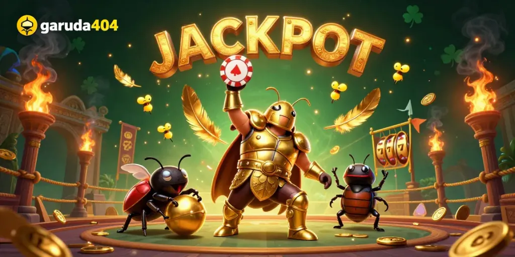 garuda404 celebrates a jackpot victory with a hero beetle lifting a poker chip in a vibrant casino scene