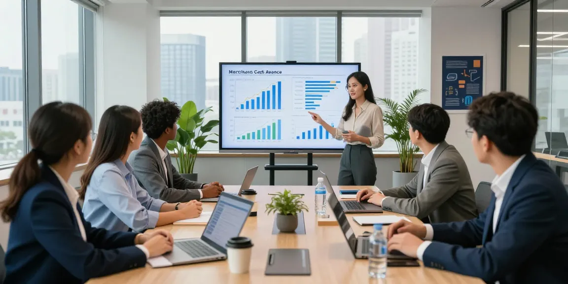 Team discussing strategies for instant merchant cash advance in modern office setting.