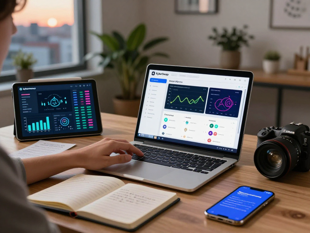 Kyber-swap interface on laptop with vibrant charts, cryptocurrency materials in modern workspace.