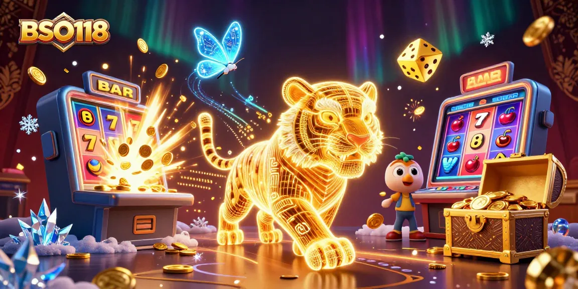 BSO118 immersive illustration of a golden tiger in a vibrant digital casino scene.
