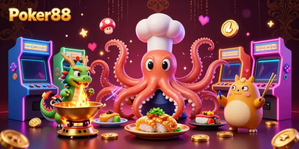 Engage with the vibrant world of Poker88, where a sushi chef octopus and friends serve golden dishes amidst a lively casino scene.