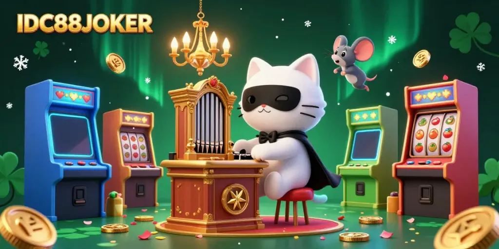 Experience the vibrant world of IDC88JOKER with a playful casino scene featuring a phantom cat and arcade elements.