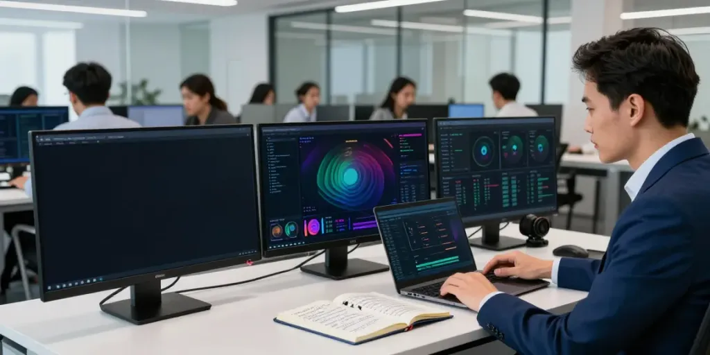 Cybersecurity news analysis with an analyst monitoring threats in a modern office.