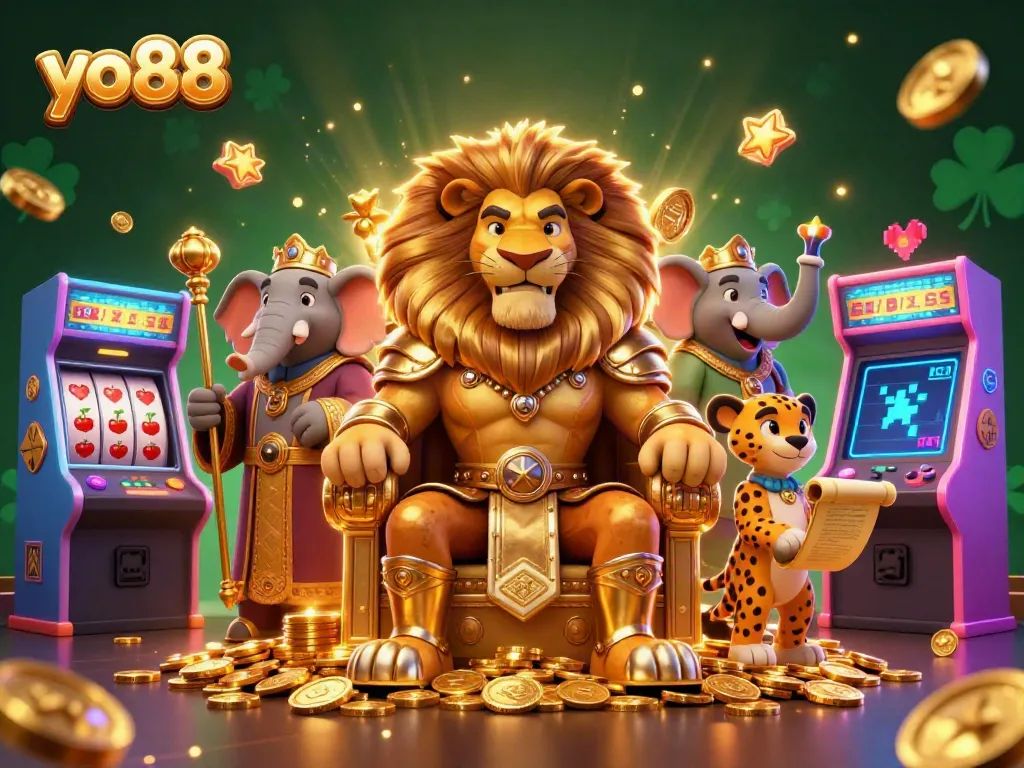 Experience the exciting world of yo88 with a thrilling 3D illustration showcasing casino elements and characters.