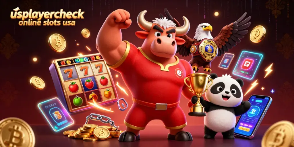 Spin for jackpots with usplayercheck online slots usa featuring a cartoon bull, eagle, and panda in a vibrant casino scene.