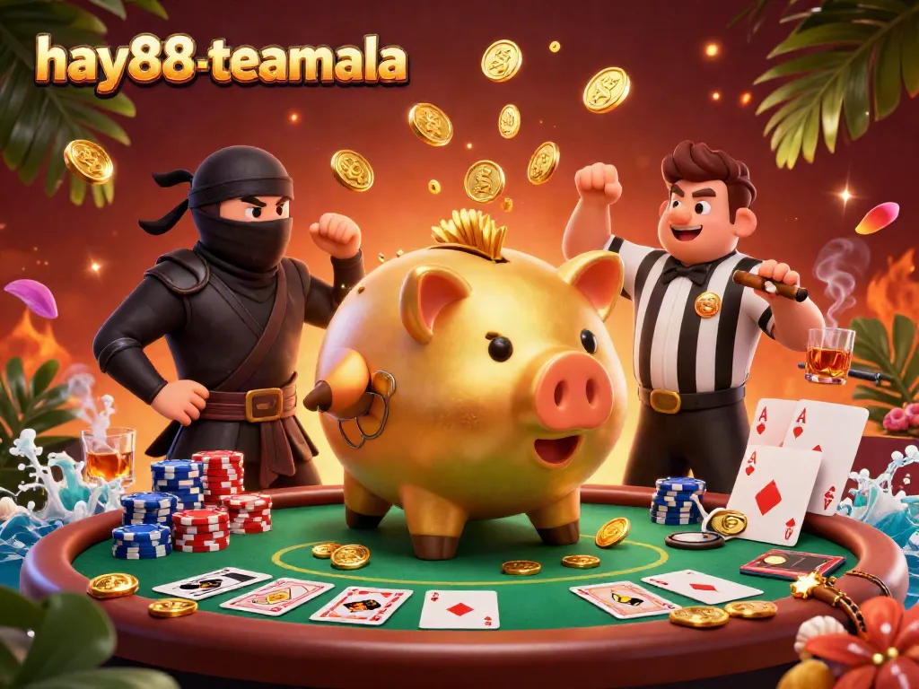 Engage with the excitement of hay88-teamala featuring a golden piggy bank sumo wrestler and dynamic poker scene.