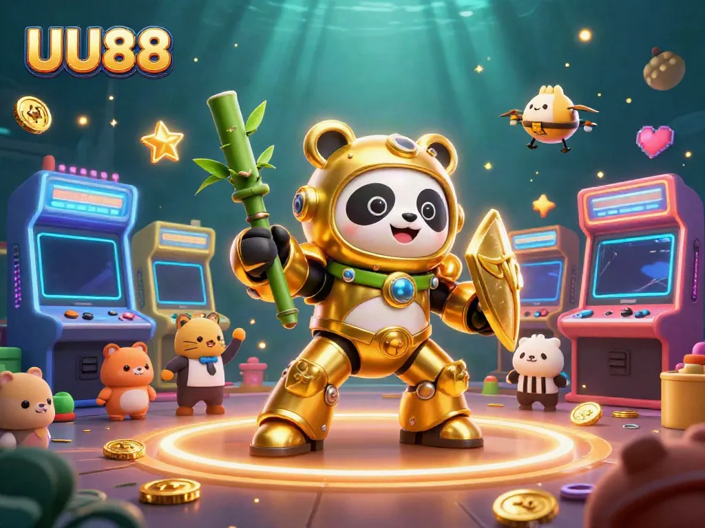 UU88 showcases a vibrant 3D illustration featuring a mech-suit panda in a casino-themed arena with dynamic gaming elements.