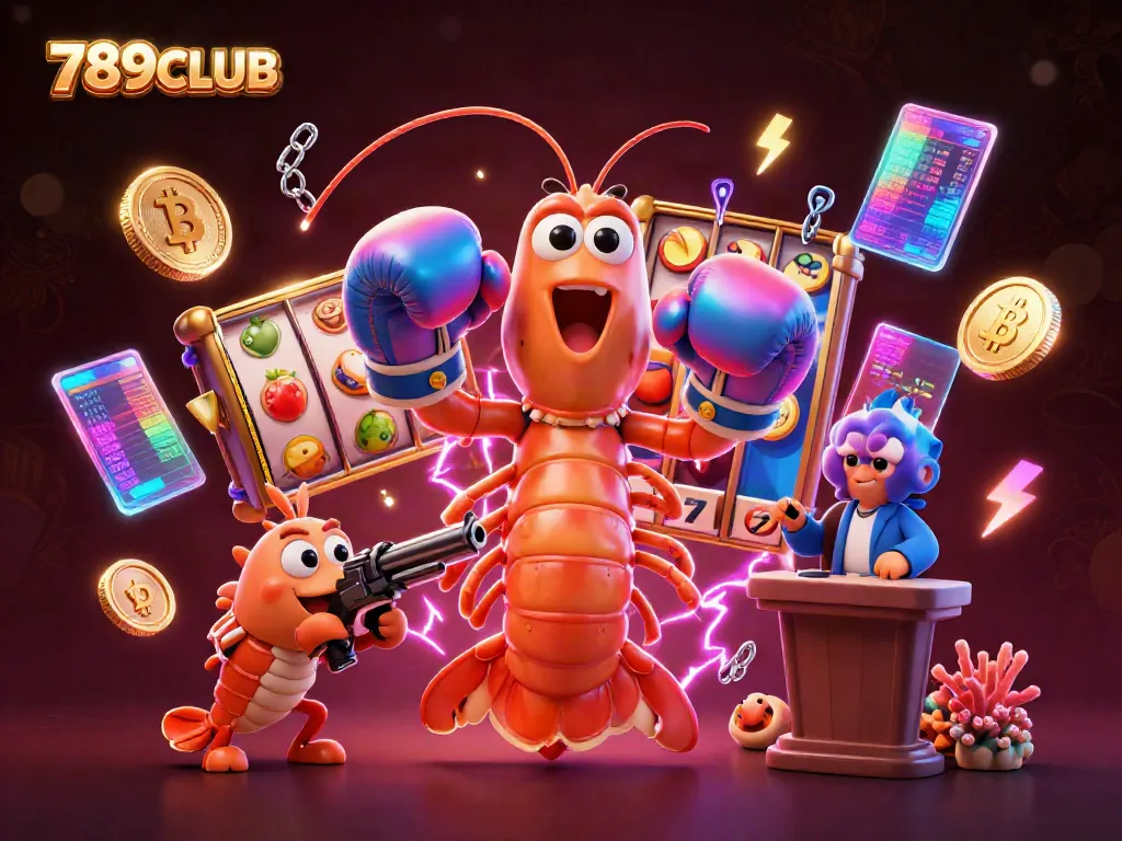 Experience the excitement of 789CLUB with vibrant slot reels and colorful shrimp characters in action.