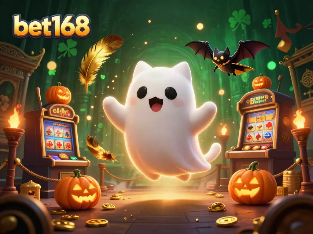 Experience thrilling gameplay at bet168 with a cartoon ghost cat navigating a haunted casino filled with glowing slot machines and treasures.