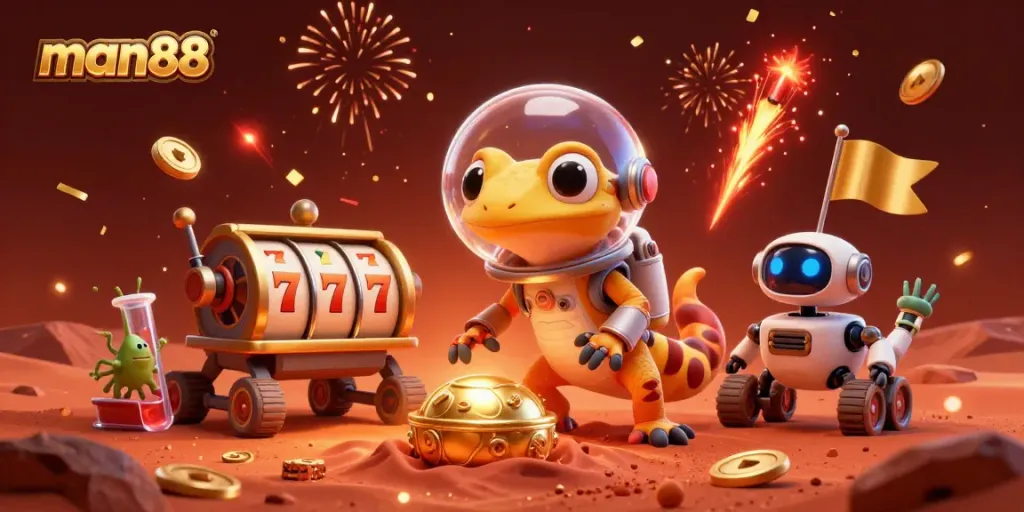 Witness the man88 Martian gecko championing a jackpot discovery in a luxurious casino-themed adventure.