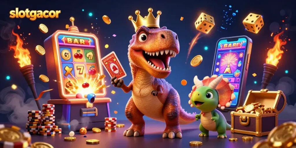 Engage with slotgacor while a T-Rex shuffles cards, surrounded by vibrant casino elements.