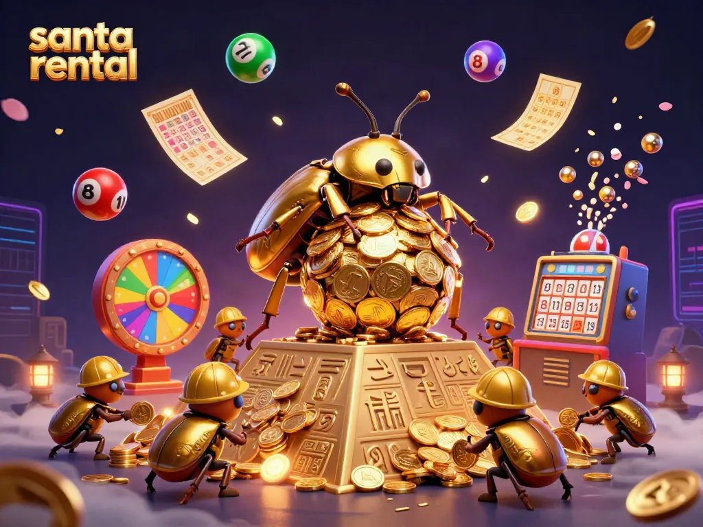 Experience a vibrant scene of santa rental with a golden beetle rolling coins and lottery elements.
