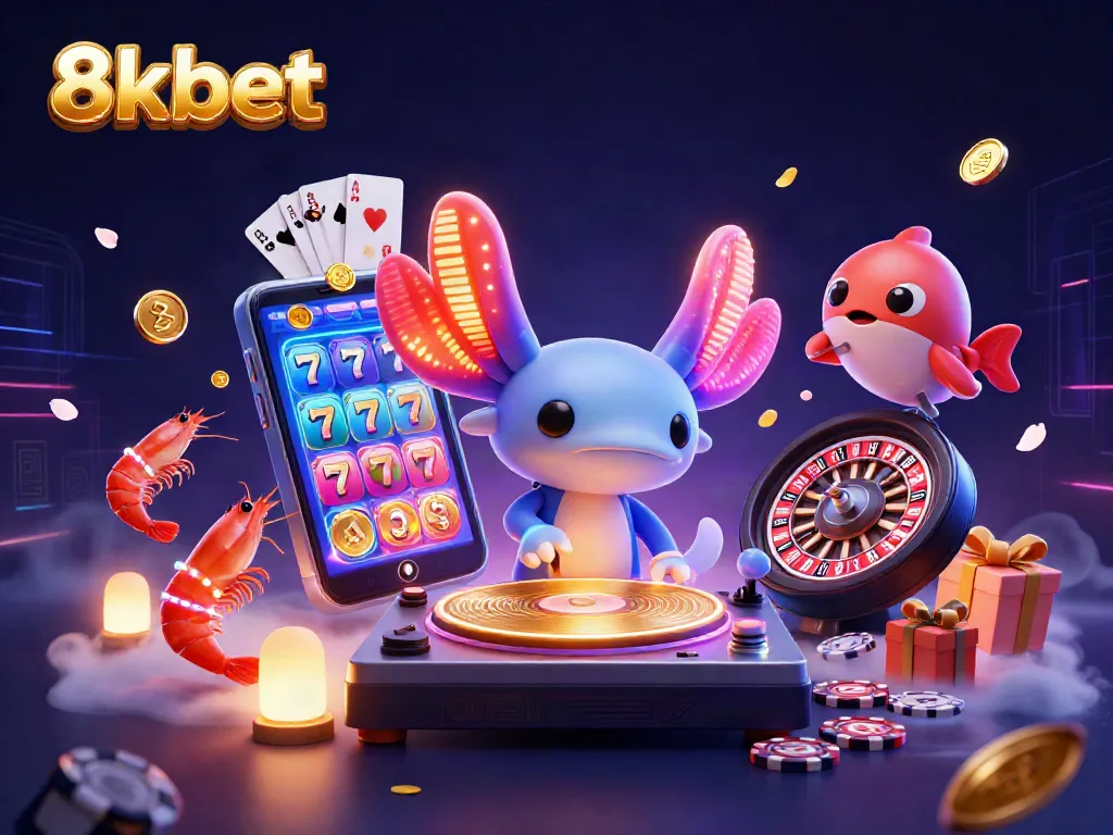 Engage with 8xbet’s vibrant casino excitement through a rich, dynamic scene of fun elements like slot games and energetic characters.