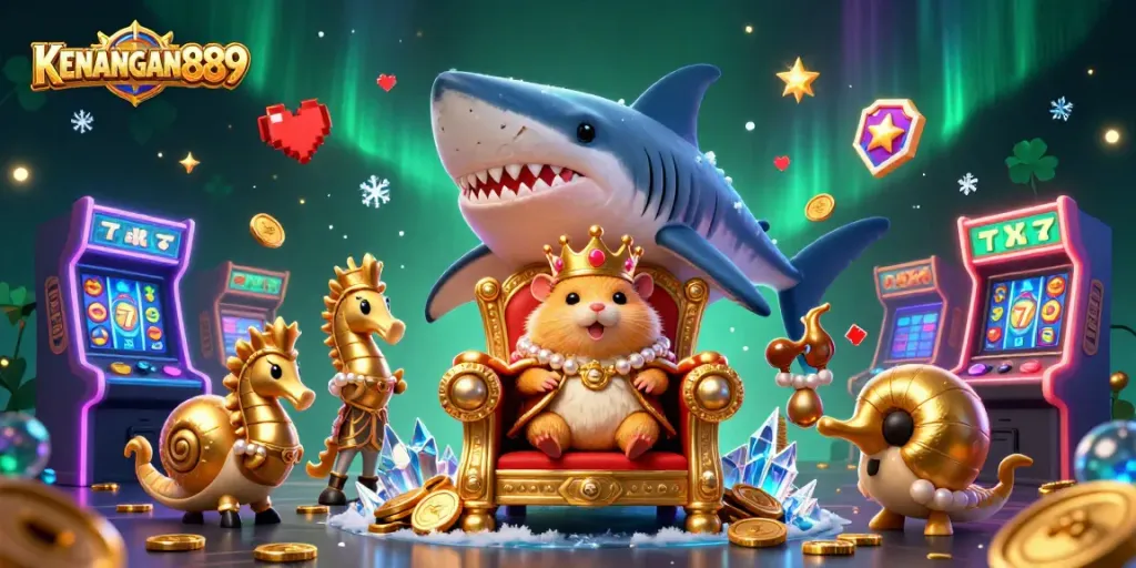 Engage with KENANGAN889's vibrant 3D casino world featuring a fierce golden hamster king.