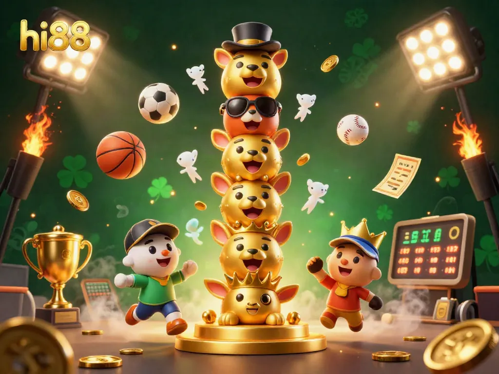Hi88 casino scene with a golden totem and dynamic sports elements showcasing exciting gaming action.