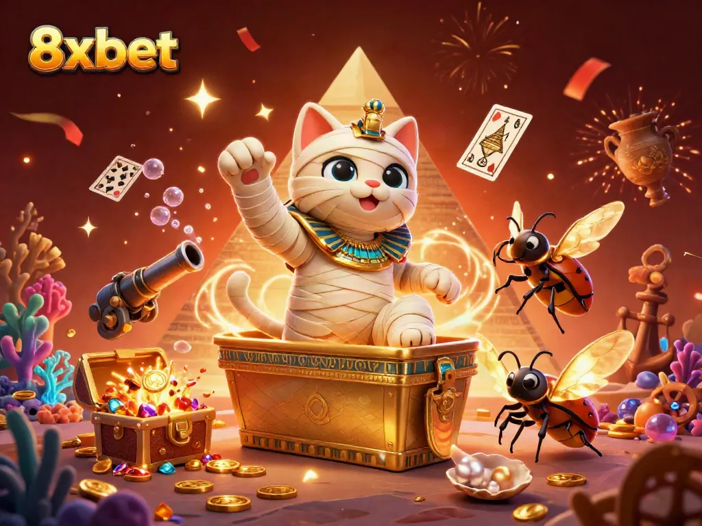 Experience the thrill of 8xbet with a vibrant scene of an Egyptian mummy cat and treasures.