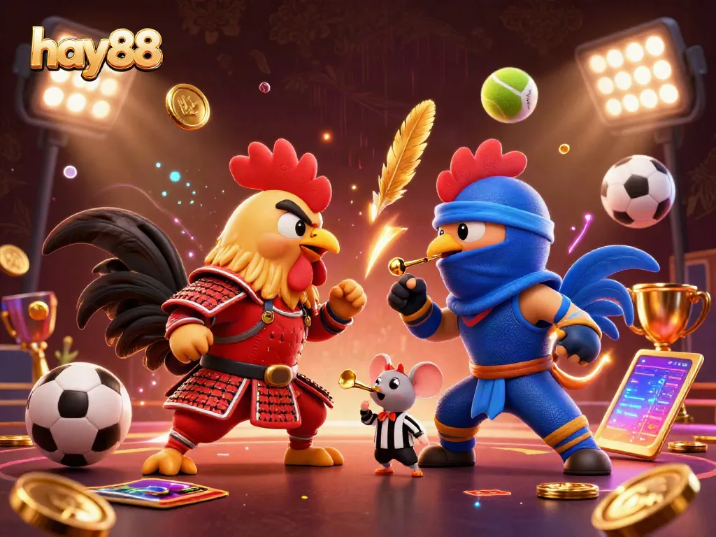 Experience the excitement of hay88 with dynamic fighting roosters and vibrant sports betting elements.