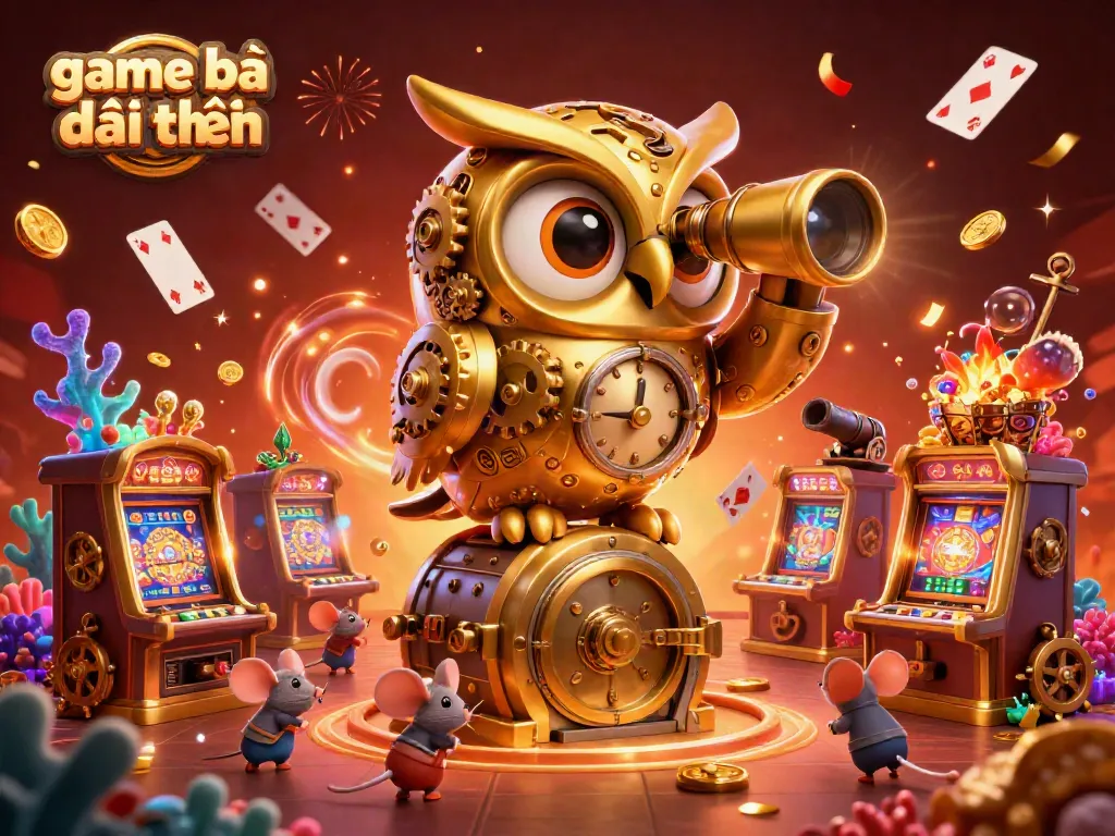 Experience the vibrant game bài đổi thưởng scene with a golden owl and wind-up mice amidst colorful slot machines.