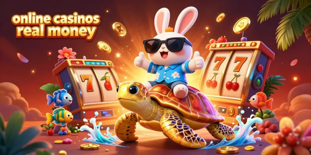 Play exciting games at online casinos real money with a dynamic scene featuring a lucky rabbit and a golden sea turtle.