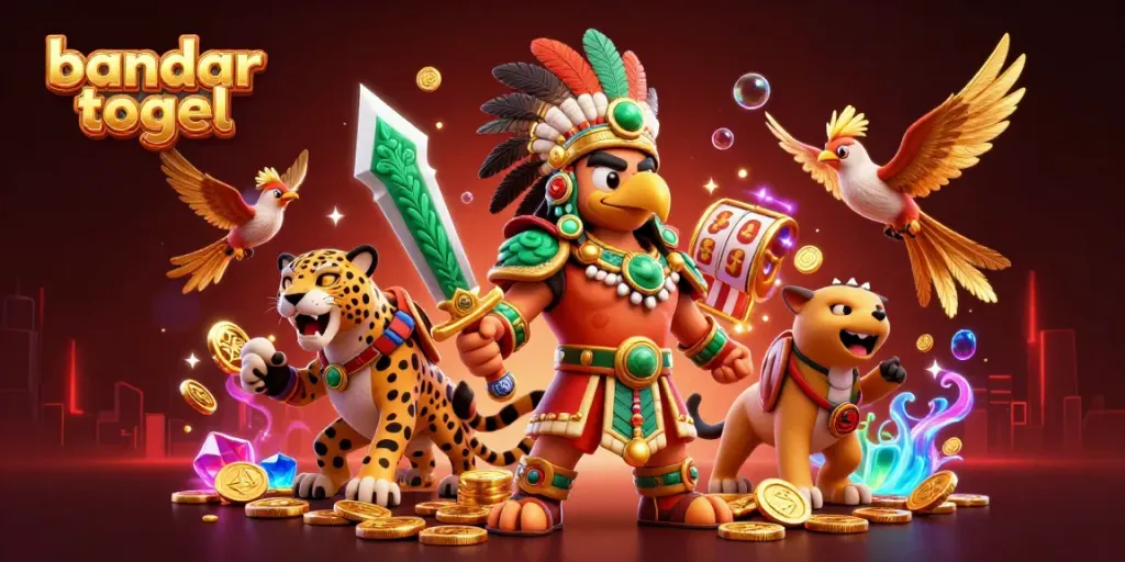 Experience the vibrant action of bandar togel with an engaging illustration of an Aztec warrior surrounded by dynamic game elements.