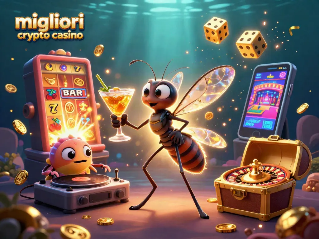 I migliori crypto casino animati: un moscerino, un DJ trilobite e una roulette d'ammonite in un ambiente scintillante.
