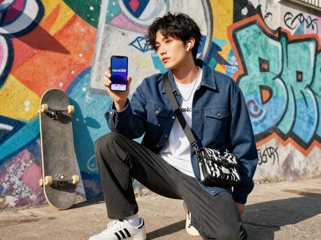 Stylish urban fashion scene with rokok88 app showcased on smartphone amidst vibrant street art.