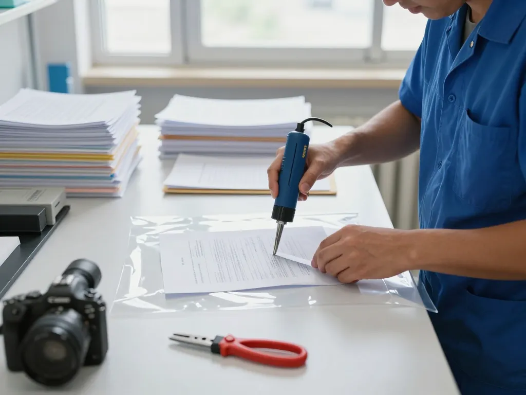 bóc sổ đỏ ép plastic process showing a technician carefully restoring important paperwork using specialized tools