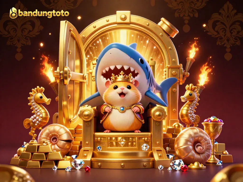 Engaging scene featuring the golden hamster king on a megalodon throne in the vibrant world of bandungtoto, rich with treasures.