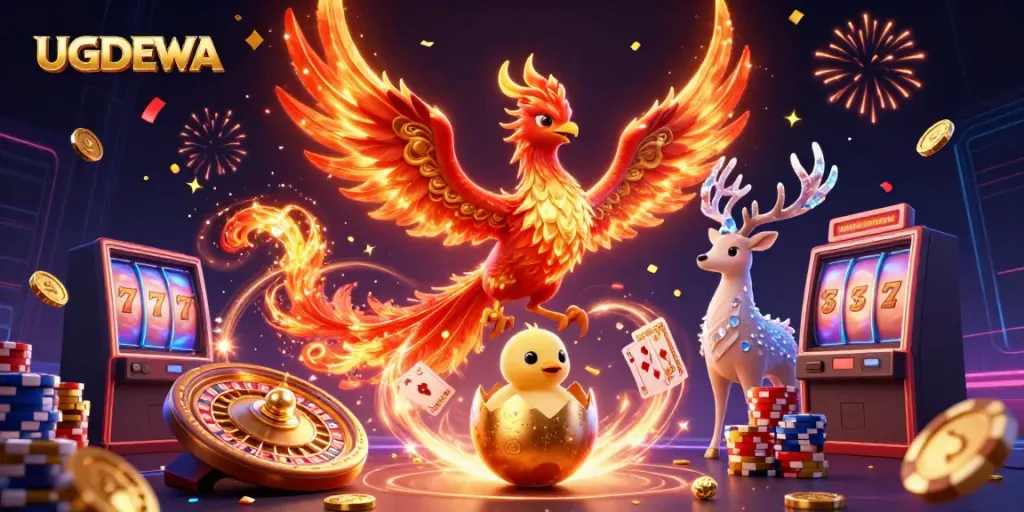Experience thrilling moments at UGDEWA with a mythical scene featuring a phoenix, coins, and casino elements.