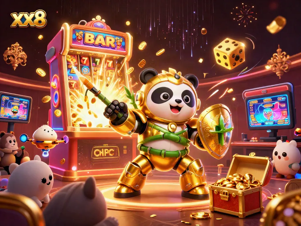 Experience the thrill of xx8 gaming with a vibrant 3D casino scene featuring a dynamic mech-suit panda.