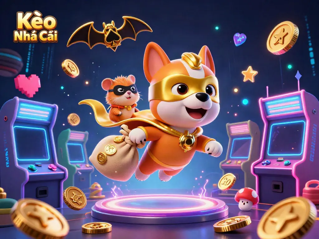 Kèo Nhà Cái visualizes sports betting energy with a superhero dog and hamster in a gaming scene.
