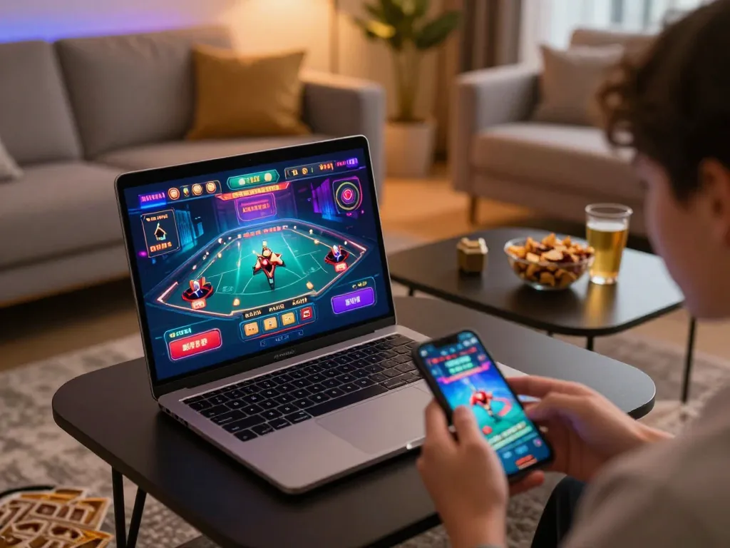 Player engaging in online casino games at home with abc8 app on laptop and smartphone.