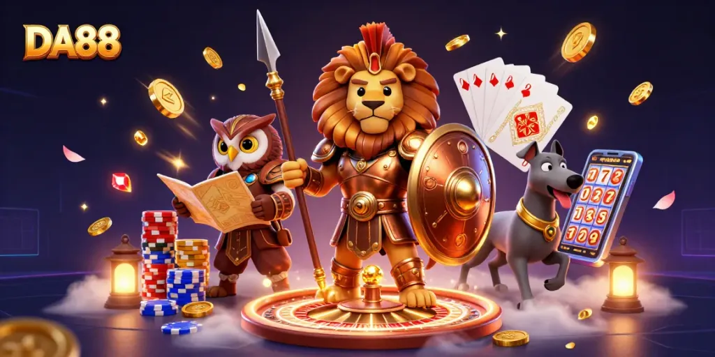 Experience the thrill of DA88 with vibrant gaming characters amidst dazzling casino elements.