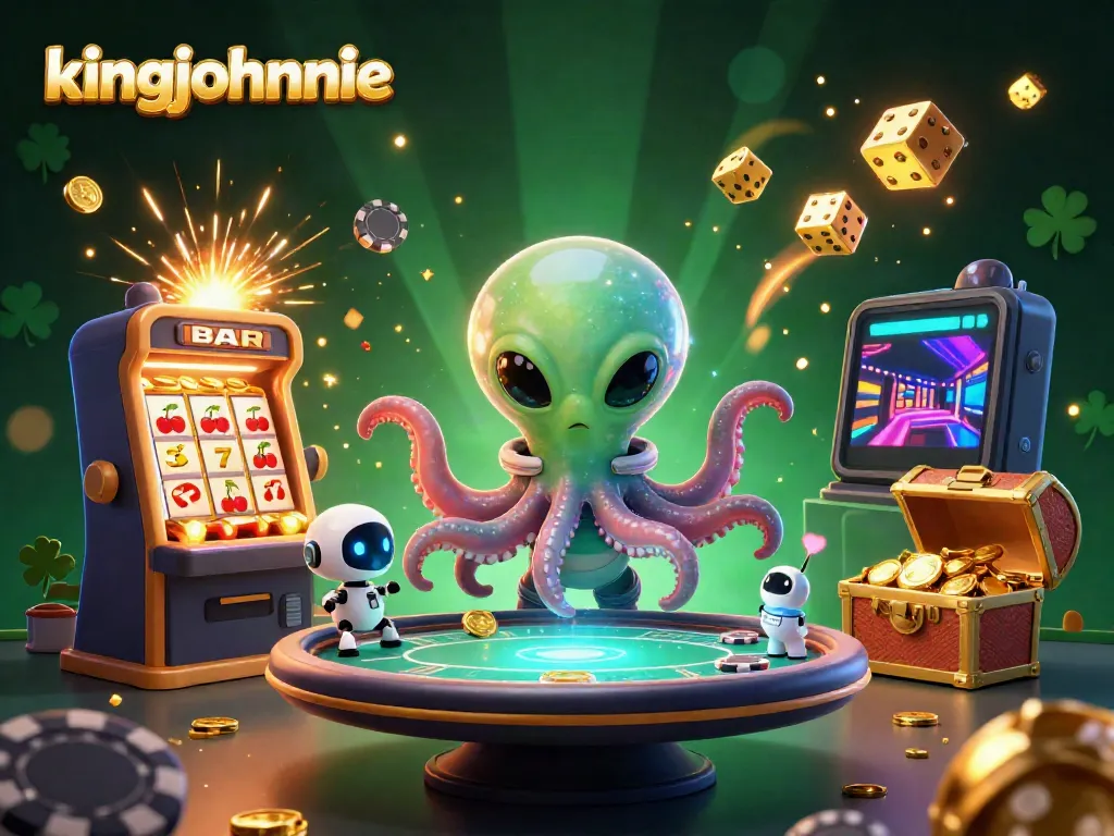 Engage with kingjohnnie's immersive 3D casino scene featuring an alien octopus and dynamic gaming elements.