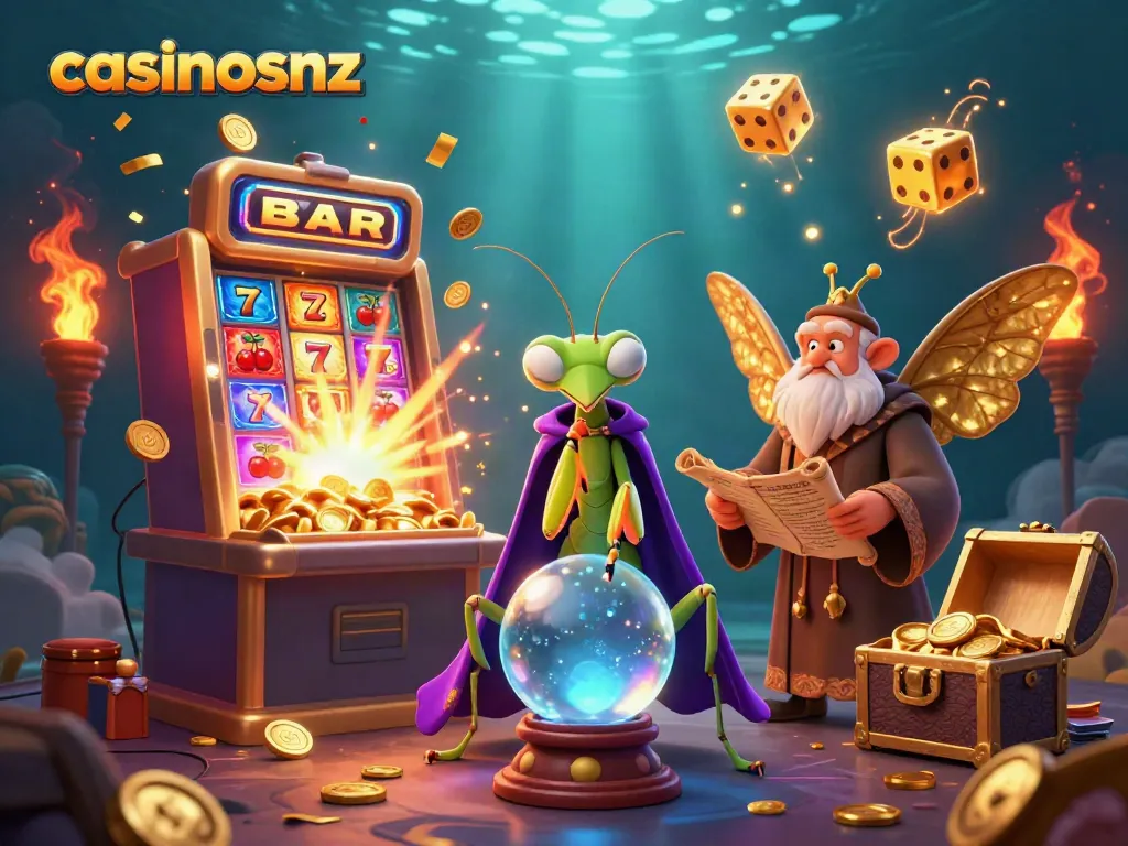 Win big at casinosnz with a vibrant scene of a fortune teller and golden slot machine's jackpot.